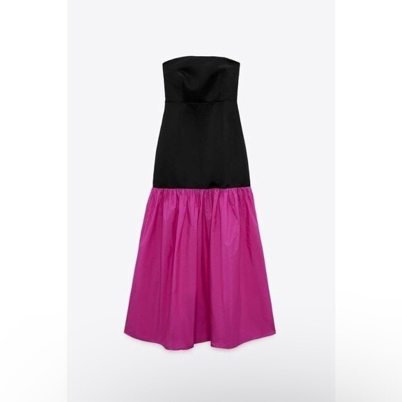 Zara Long Contrast Strapless Black Fuchsia Rhinestone Flare Hem Maxi Dress S - Picture 4 of 7